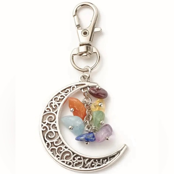 BAG CHARM Silver Tone Crescent Moon with Multicolor Dangling Stones - Picture 1 of 4